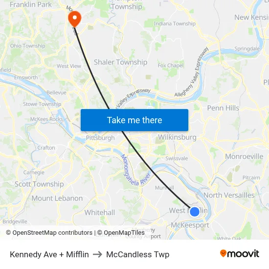 Kennedy Ave + Mifflin to McCandless Twp map
