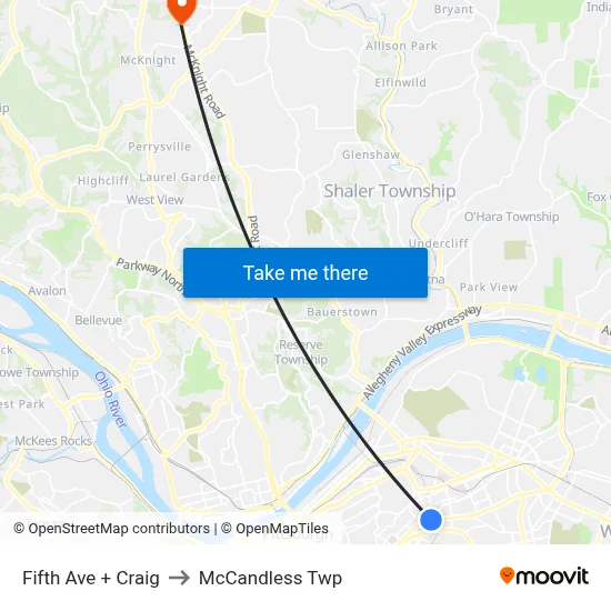 Fifth Ave + Craig to McCandless Twp map