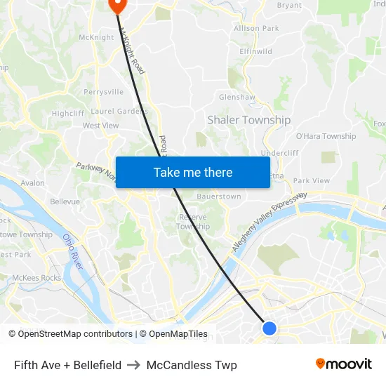Fifth Ave + Bellefield to McCandless Twp map