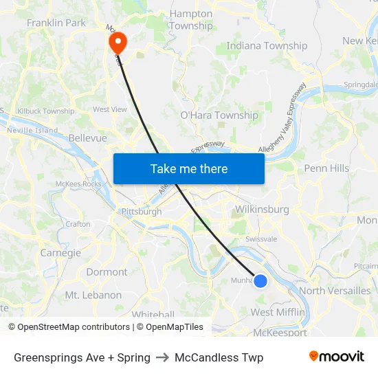 Greensprings Ave + Spring to McCandless Twp map