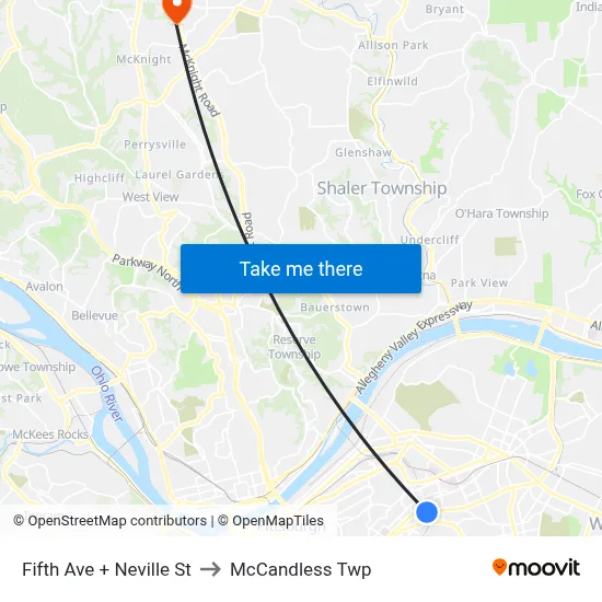 Fifth Ave + Neville St to McCandless Twp map