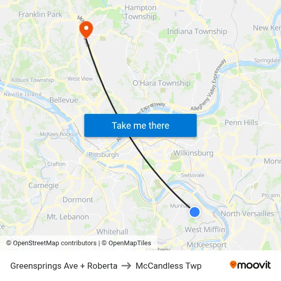 Greensprings Ave + Roberta to McCandless Twp map