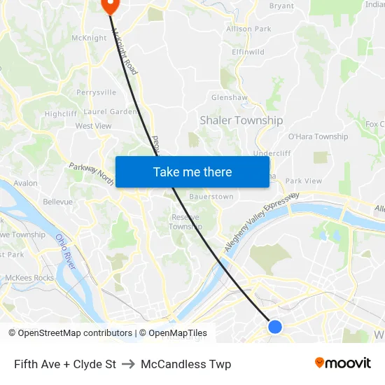 Fifth Ave + Clyde St to McCandless Twp map