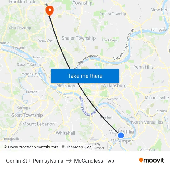 Conlin St + Pennsylvania to McCandless Twp map