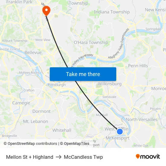 Mellon St + Highland to McCandless Twp map