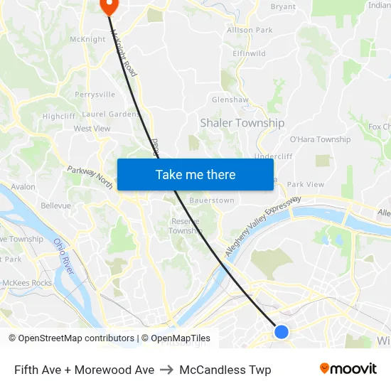 Fifth Ave + Morewood Ave to McCandless Twp map