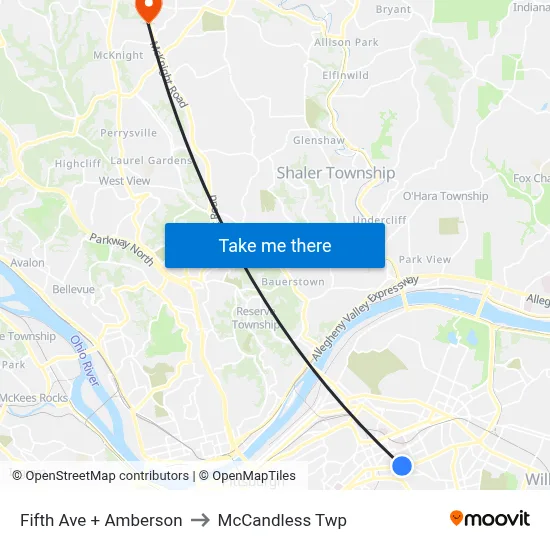 Fifth Ave + Amberson to McCandless Twp map