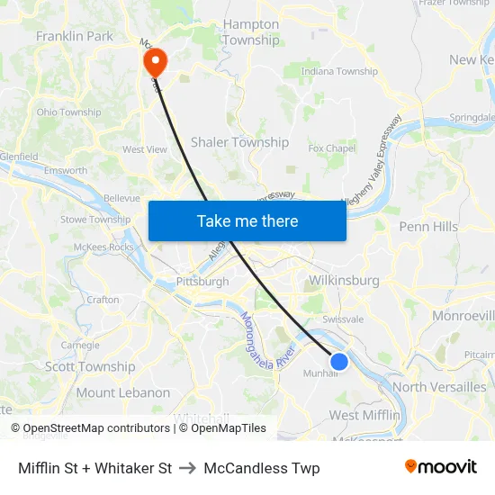Mifflin St + Whitaker St to McCandless Twp map