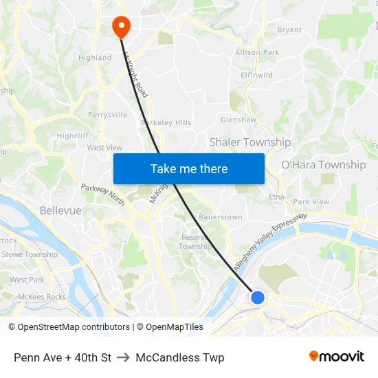 Penn Ave + 40th St to McCandless Twp map