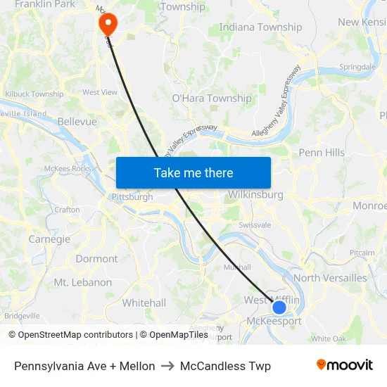 Pennsylvania Ave + Mellon to McCandless Twp map