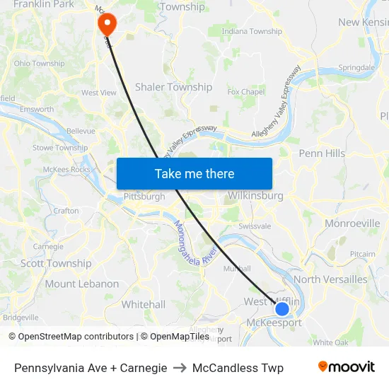 Pennsylvania Ave + Carnegie to McCandless Twp map