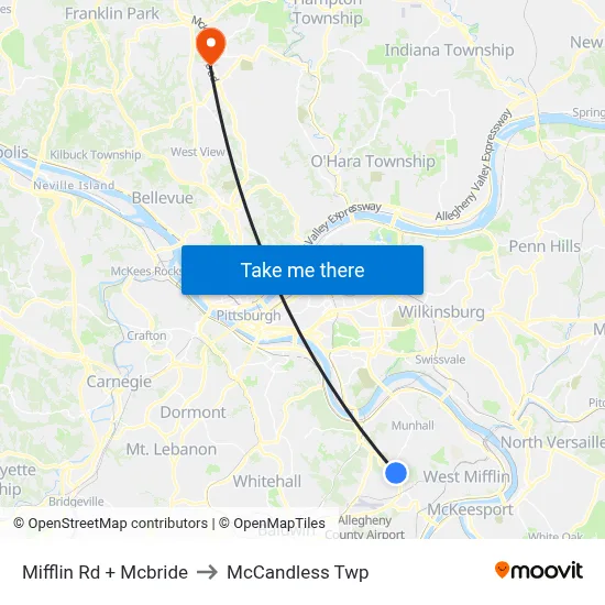 Mifflin Rd + Mcbride to McCandless Twp map