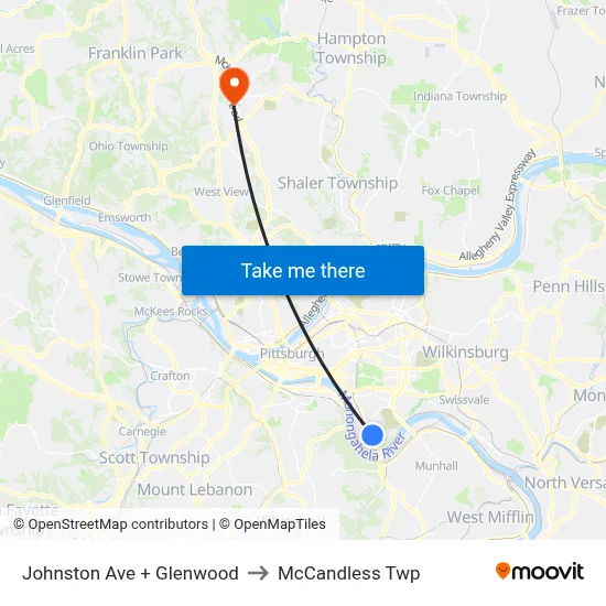 Johnston Ave + Glenwood to McCandless Twp map