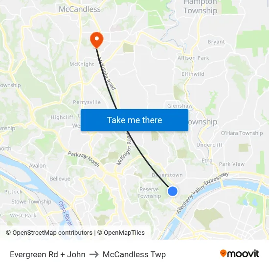 Evergreen Rd + John to McCandless Twp map