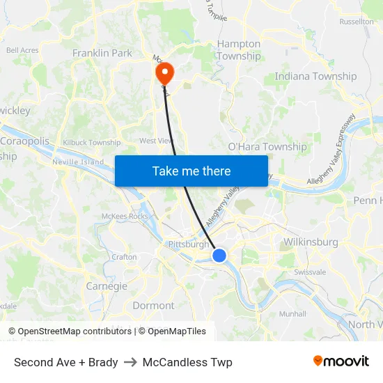 Second Ave + Brady to McCandless Twp map