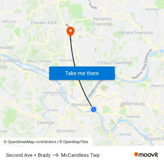 Second Ave + Brady to McCandless Twp map