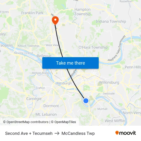 Second Ave + Tecumseh to McCandless Twp map