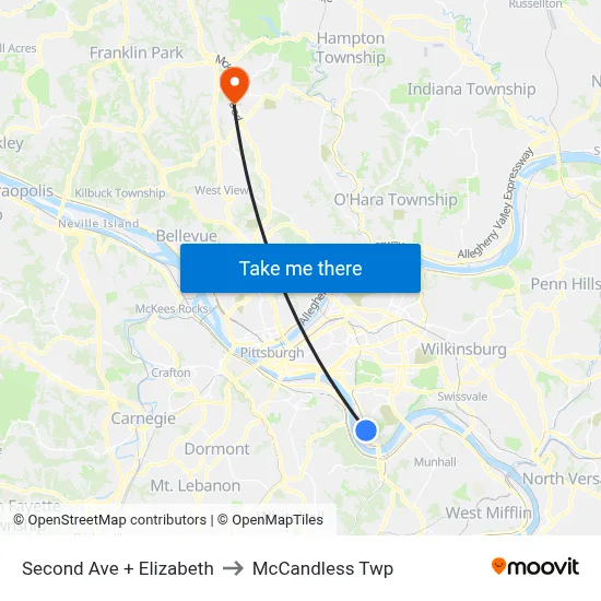 Second Ave + Elizabeth to McCandless Twp map