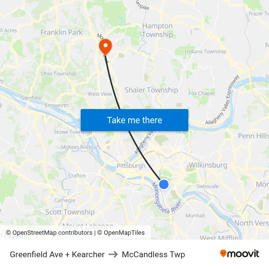 Greenfield Ave + Kearcher to McCandless Twp map
