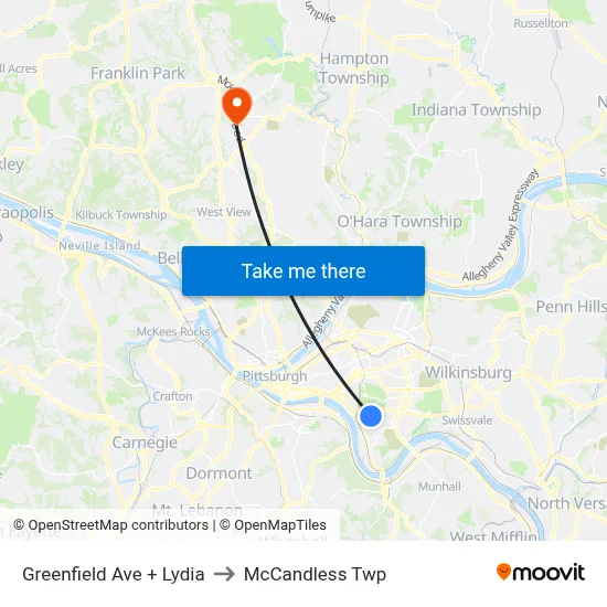 Greenfield Ave + Lydia to McCandless Twp map