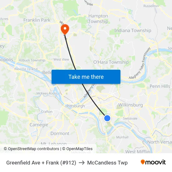 Greenfield Ave + Frank (#912) to McCandless Twp map