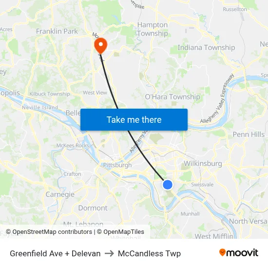 Greenfield Ave + Delevan to McCandless Twp map
