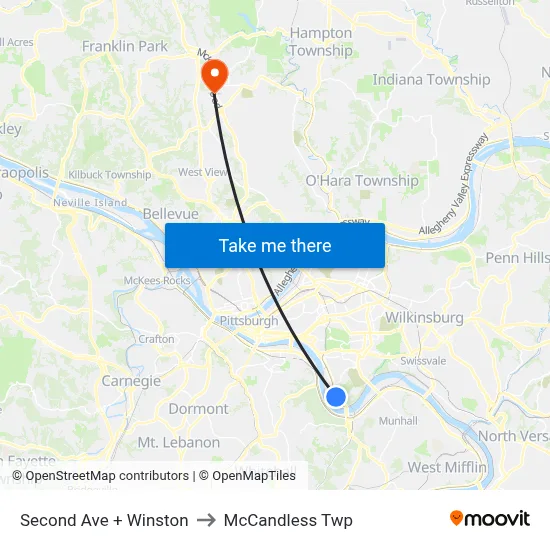 Second Ave + Winston to McCandless Twp map