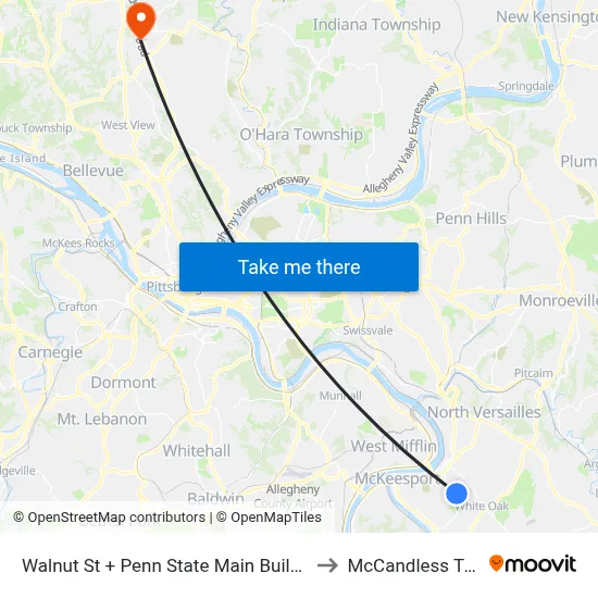 Walnut St + Penn State Main Building to McCandless Twp map