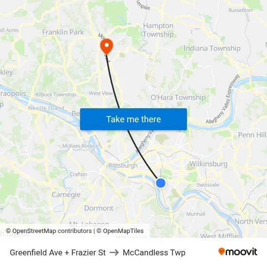 Greenfield Ave + Frazier St to McCandless Twp map
