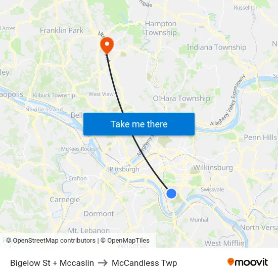 Bigelow St + Mccaslin to McCandless Twp map