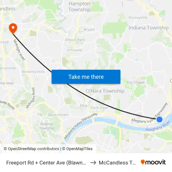 Freeport Rd + Center Ave (Blawnox) to McCandless Twp map