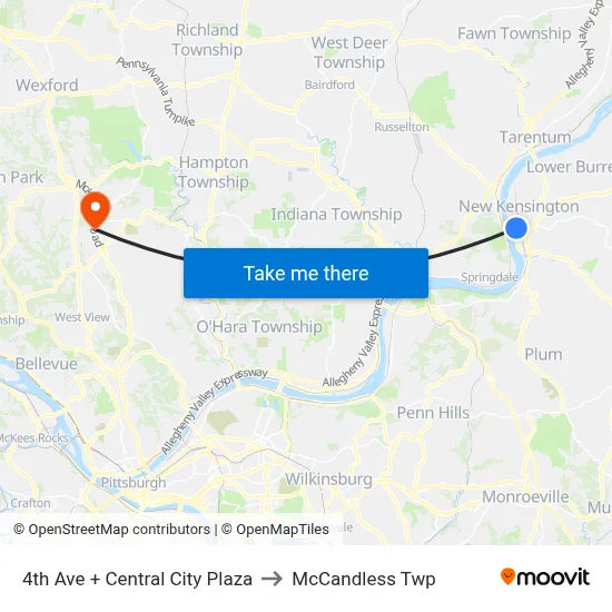 4th Ave + Central City Plaza to McCandless Twp map