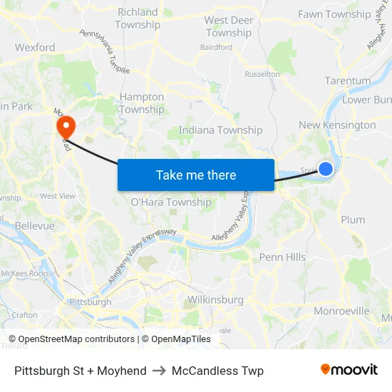 Pittsburgh St + Moyhend to McCandless Twp map