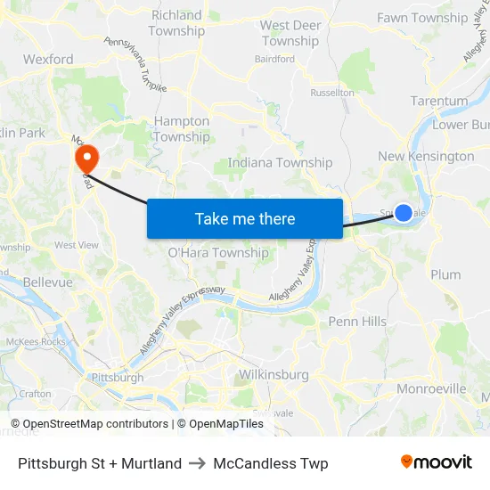Pittsburgh St + Murtland to McCandless Twp map