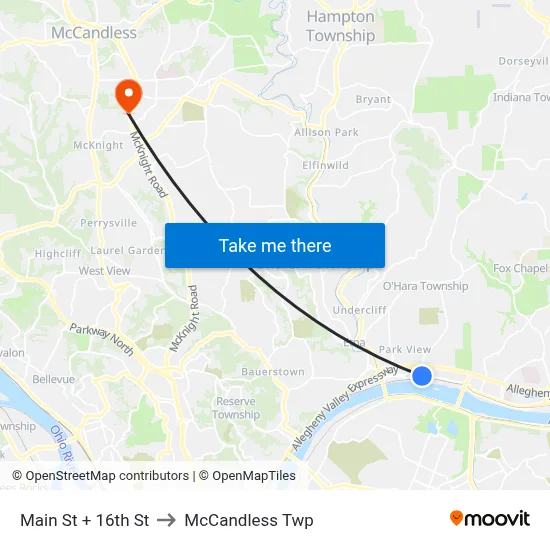 Main St + 16th St to McCandless Twp map