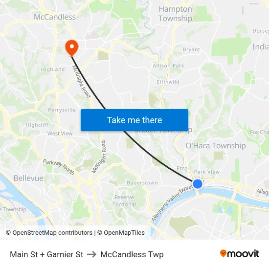 Main St + Garnier St to McCandless Twp map