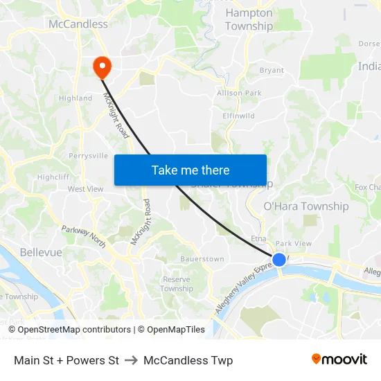 Main St + Powers St to McCandless Twp map