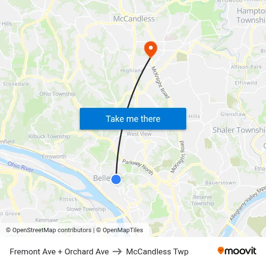Fremont Ave + Orchard Ave to McCandless Twp map
