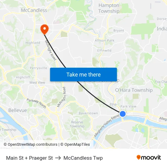 Main St + Praeger St to McCandless Twp map