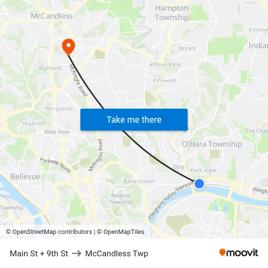 Main St + 9th St to McCandless Twp map