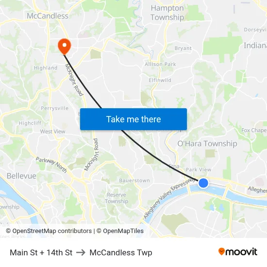 Main St + 14th St to McCandless Twp map