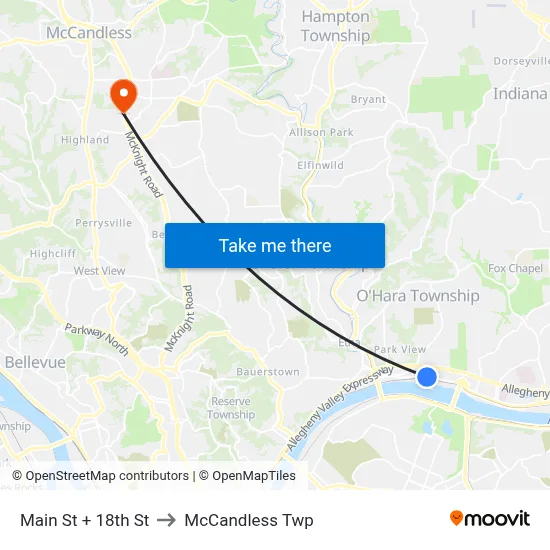 Main St + 18th St to McCandless Twp map