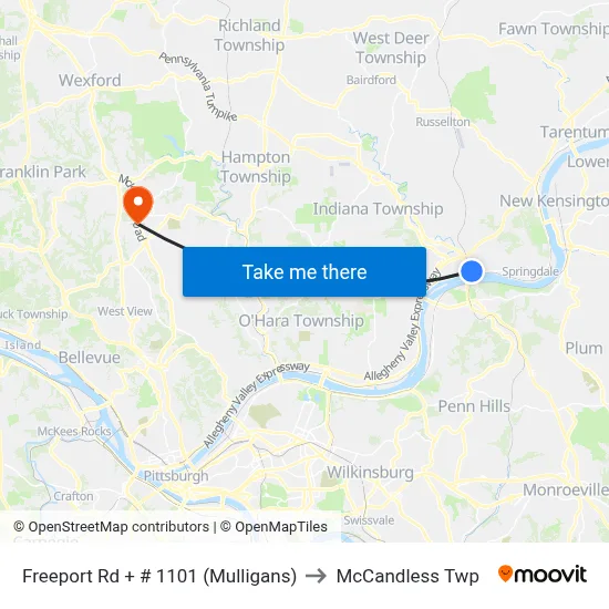 Freeport Rd + # 1101 (Mulligans) to McCandless Twp map