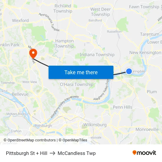 Pittsburgh St + Hill to McCandless Twp map