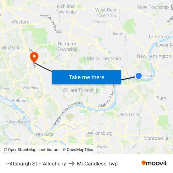 Pittsburgh St + Allegheny to McCandless Twp map