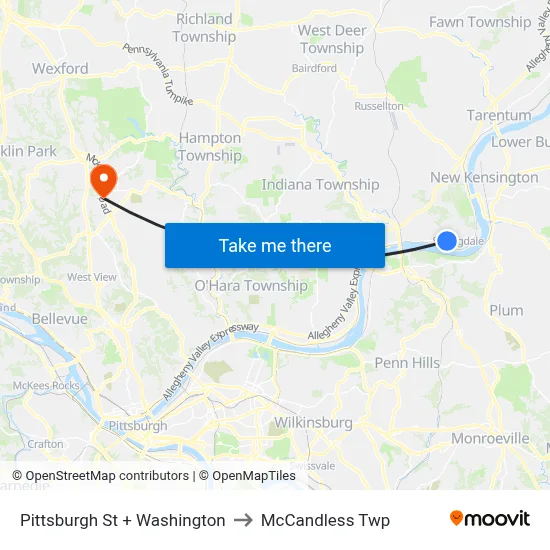 Pittsburgh St + Washington to McCandless Twp map