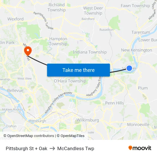 Pittsburgh St + Oak to McCandless Twp map