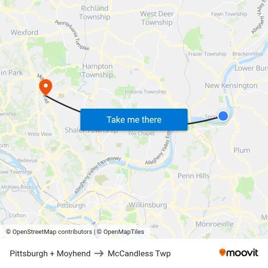 Pittsburgh + Moyhend to McCandless Twp map