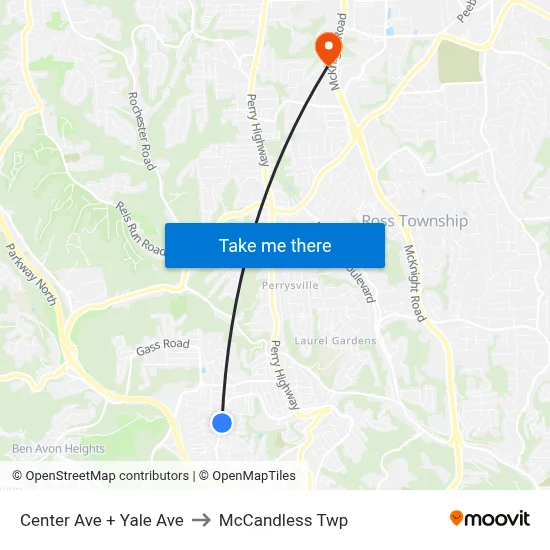 Center Ave + Yale Ave to McCandless Twp map