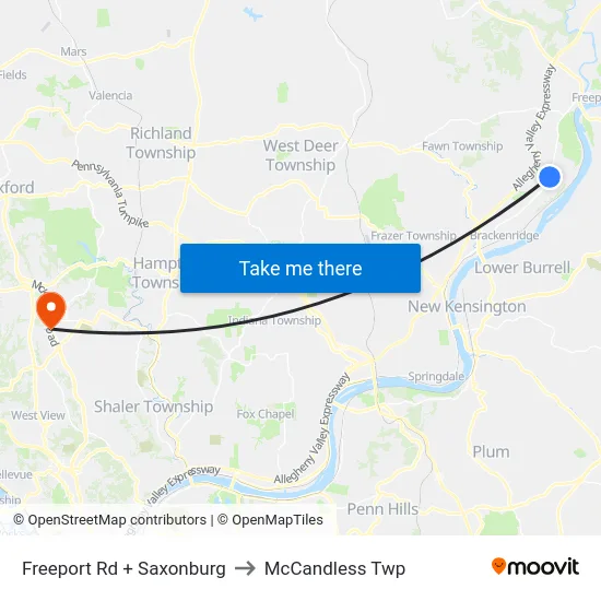 Freeport Rd + Saxonburg to McCandless Twp map